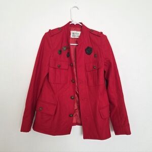Skaist-Taylor Red Military-style Jacket with Multiple Badges and Four Pockets